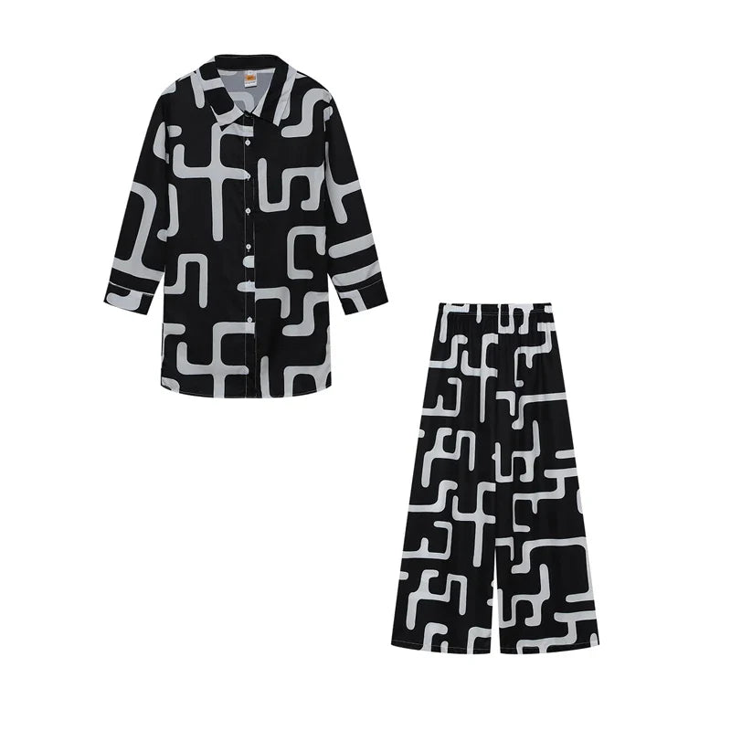 Fashion Printed Loose Long Sleeve Shirt and Straight Leg Pants Set for Women