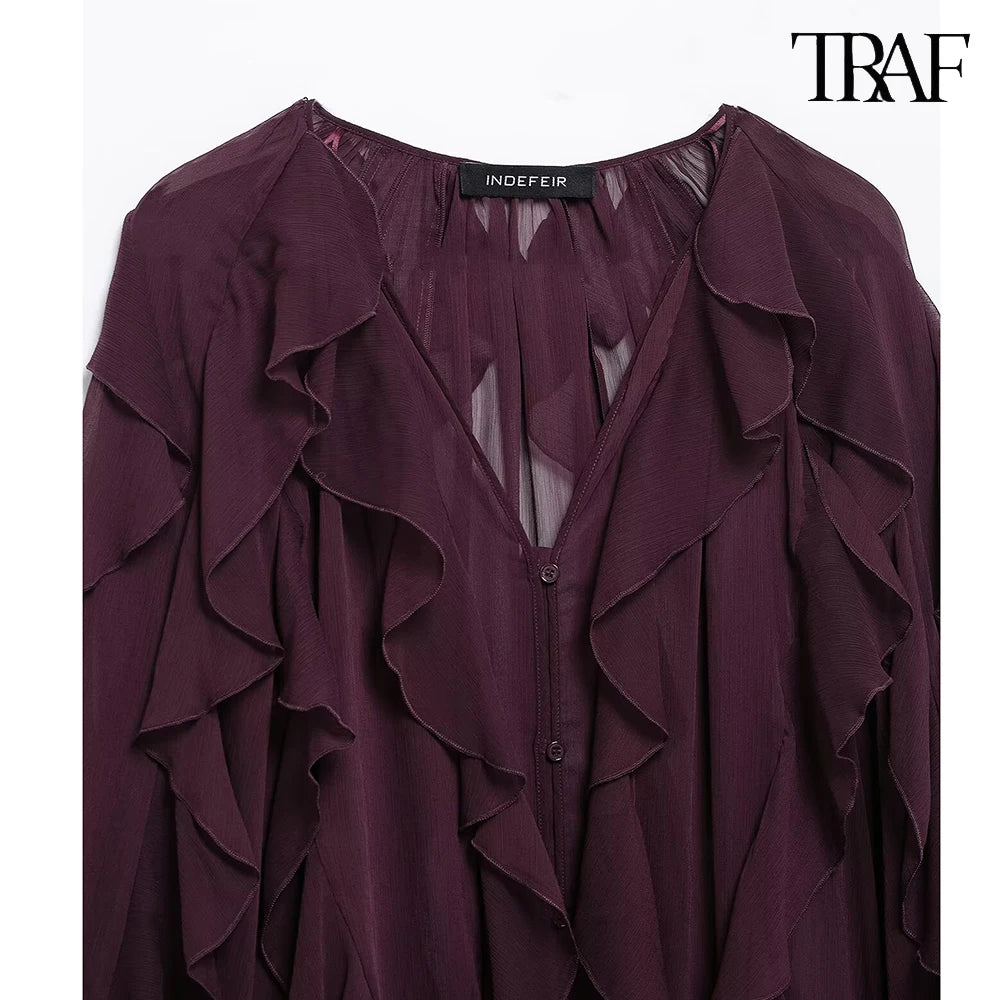 Loose Fit Burgundy Mesh Ruffle Shirt with Flutter Sleeves and Stacked Decorative Design for Women