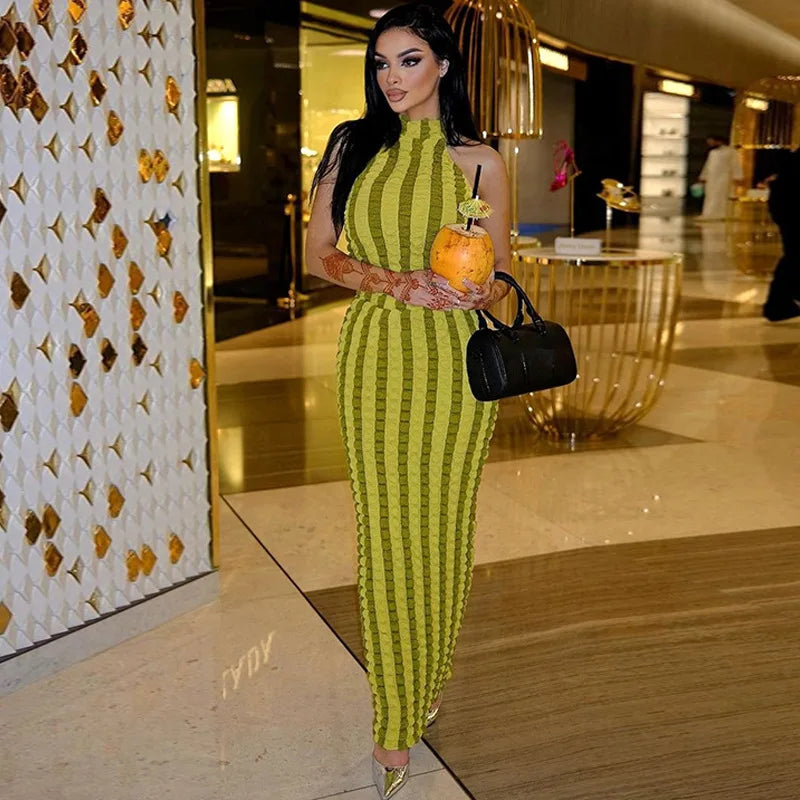 Y2K Patchwork Halter Backless Bodycon Maxi Dress For Women