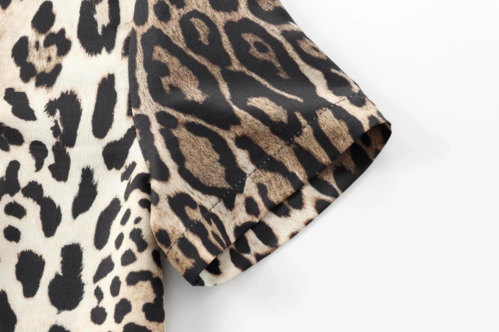 Leopard Print Midi Dress For Women Shirt Style Short Sleeve