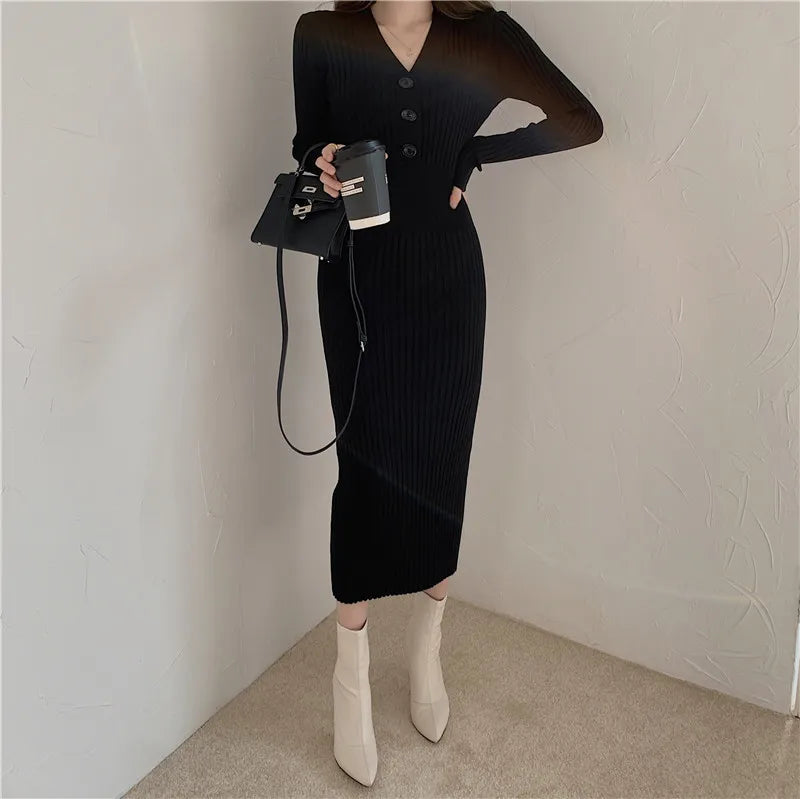 Knit Sweater Dress For Women V Neck Maxi With Buttons