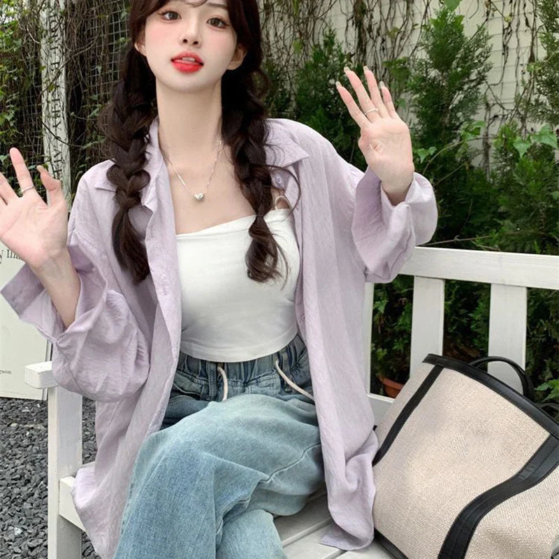 Purple Sunscreen Long Sleeve Shirt for Women Lightweight Single Breasted Loose Casual Blouse with Turn Down Collar