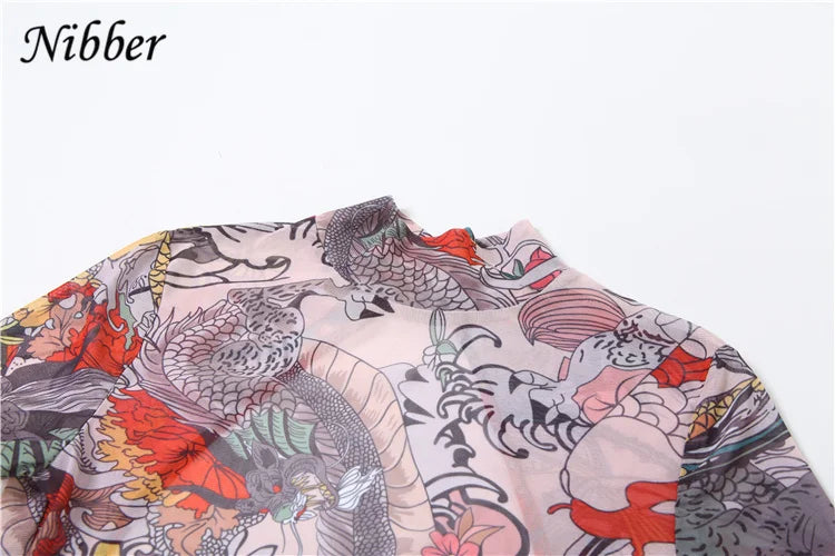 See Through Backless Dragon Print Jumpsuit for Women Short Sleeve Slim Stretch Fitness Workout Overalls Clubwear