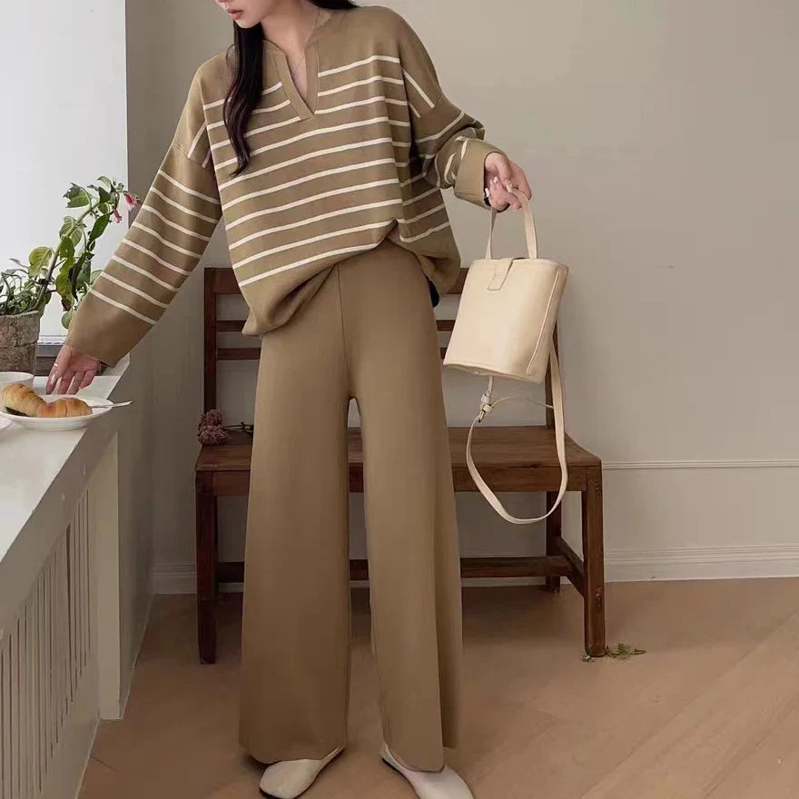 Women's Winter Sweater Set with Stripe Knit Pullover and Wide Leg Pants for Casual Elegance