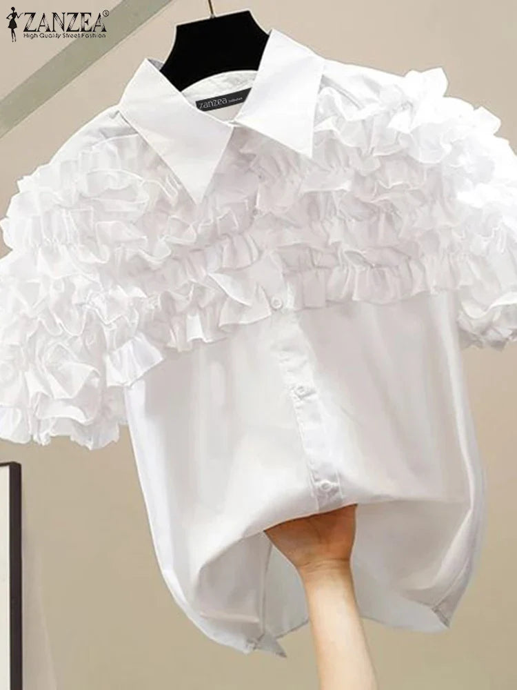 Women's Ruffle Trim Short Sleeve Blouse with Turn-Down Collar Casual Button-Up Solid Color Shirt