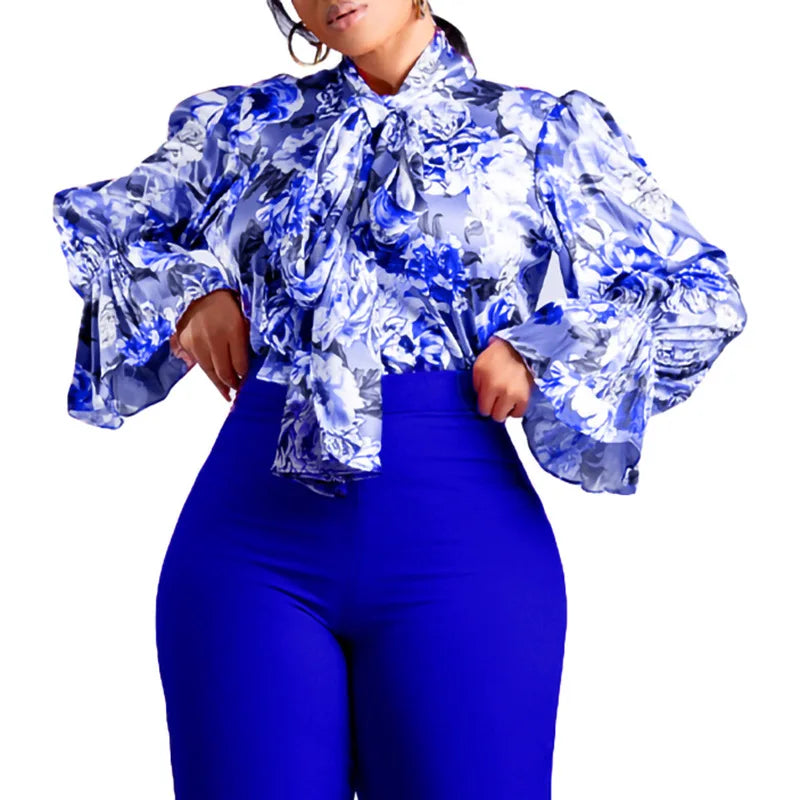Elegant Full Sleeve Bow Collar Printed Blouse for Women Stylish Business Workwear Shirt Tops