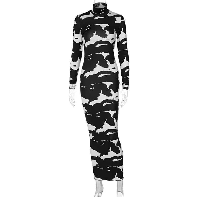 Cow Print Maxi Dress Long Sleeve Turtleneck Bodycon Party