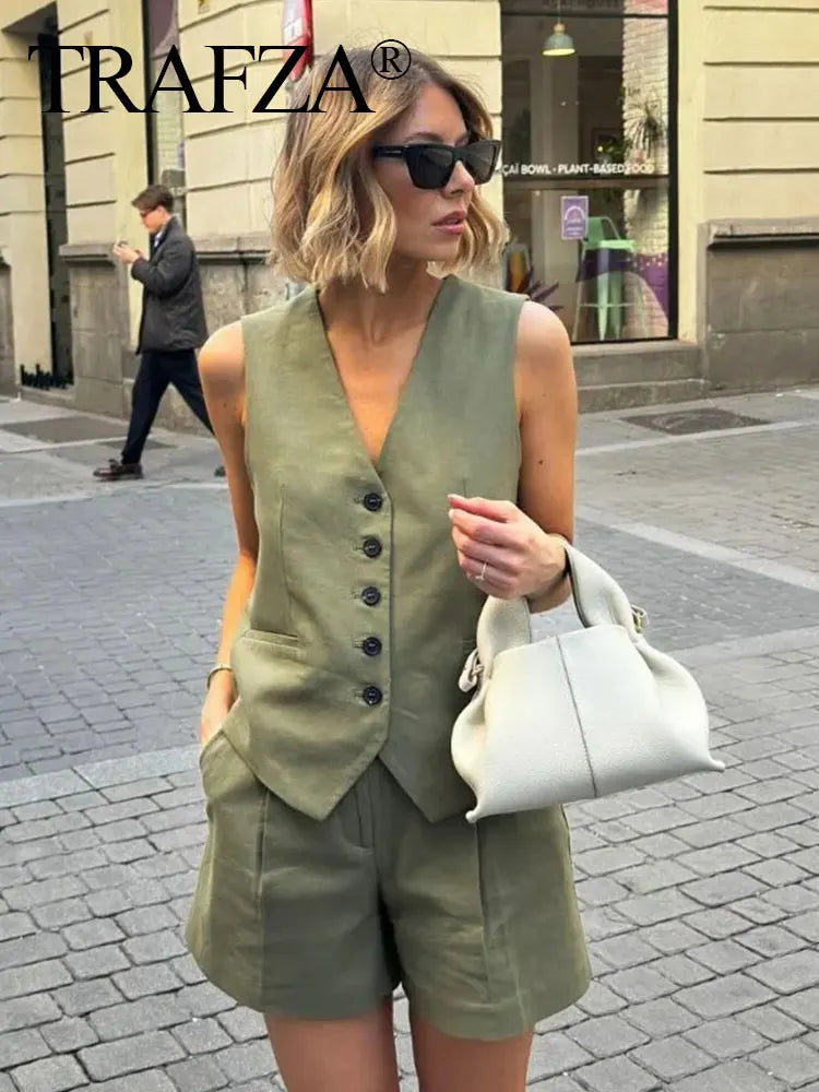 Casual Linen Sleeveless V-Neck Vest for Women Single Breasted Office Fashion Lightweight Linen Top