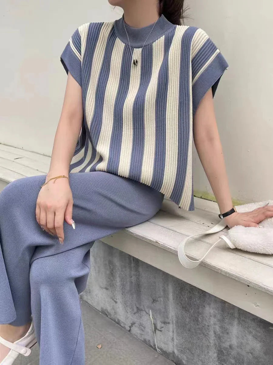 Women Casual Striped Sweater Pant Set Autumn Winter Knitted Short Sleeve Tops and Elastic Sweater Pants