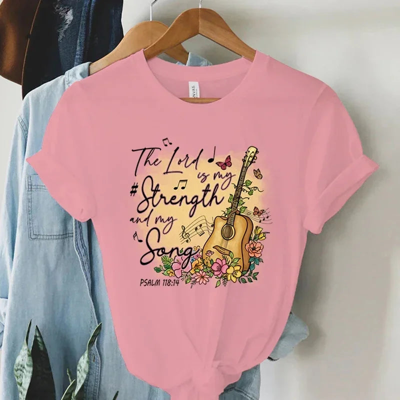 Women Vintage Boho Guitar Print Christian T-Shirt Summer Faith Tee with Bible Verse