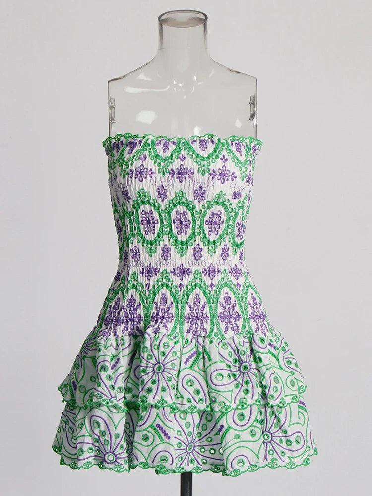 Embroidery Print Strapless Mini Dress Ruffled High Waist