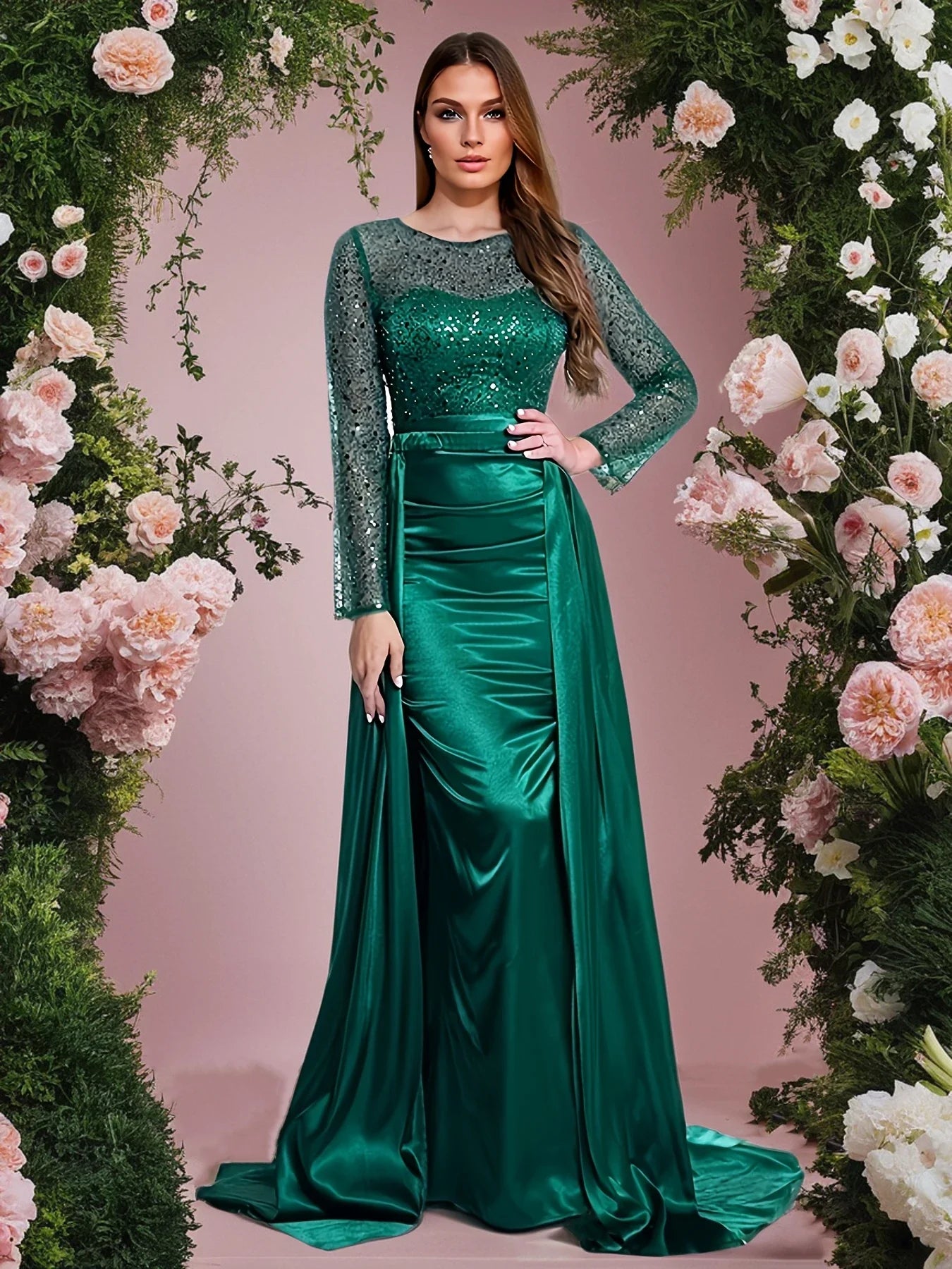 Green Sequin Mermaid Evening Gown With Detachable Train