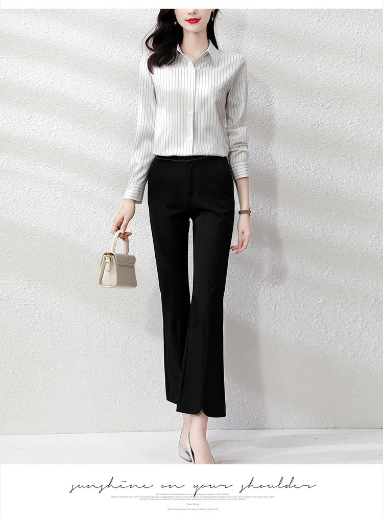 Striped Long Sleeve Women Shirt Button Up Blouse Lightweight Chiffon Tops Elegant Casual Office Wear