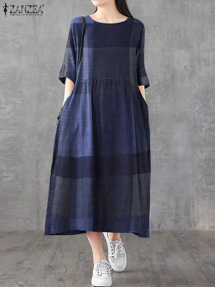 Cotton Linen Plaid Midi Sundress With Pockets O Neck