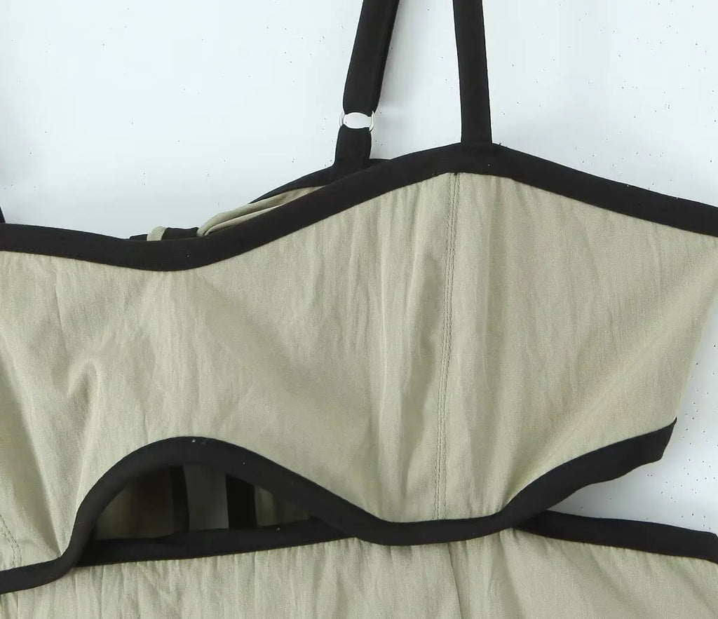 Hollow Out Spaghetti Strap Midi Dress High Waist A Line