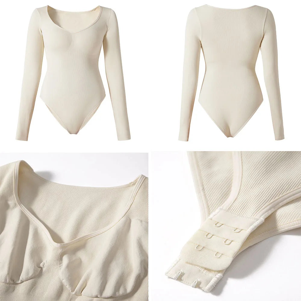 Sexy Long Sleeve Bodysuit for Women Skinny Bodycon V-Neck Push Up Romper Streetwear Jumpsuit