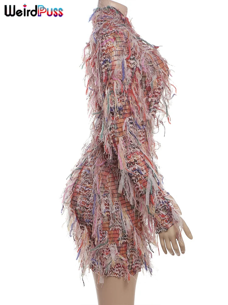 Crochet See Through Dress With Colorful Tassels Bodycon