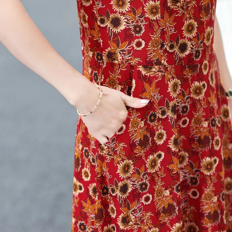 Bohemian Summer Dress With V Neck Print Vintage Midi