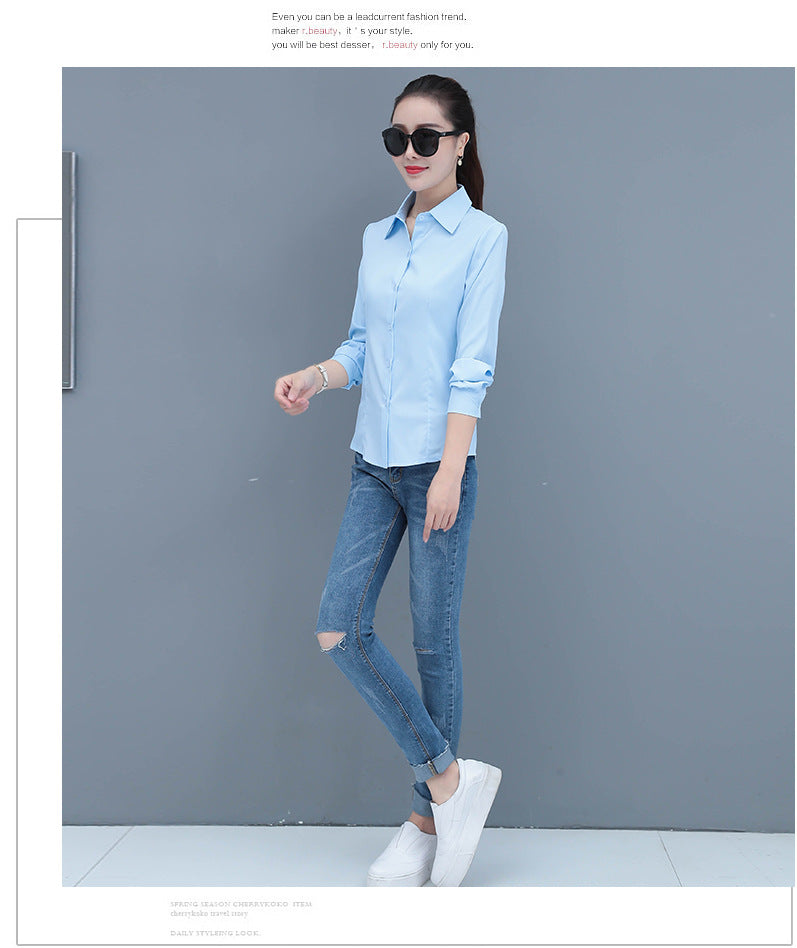 Elegant Slim Fit Blue Long Sleeve Blouse for Women Formal Office Shirt Basic Workwear Top