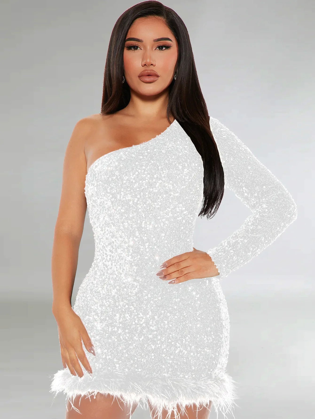 Elegant Off Shoulder Sequin Party Dress Long Sleeve