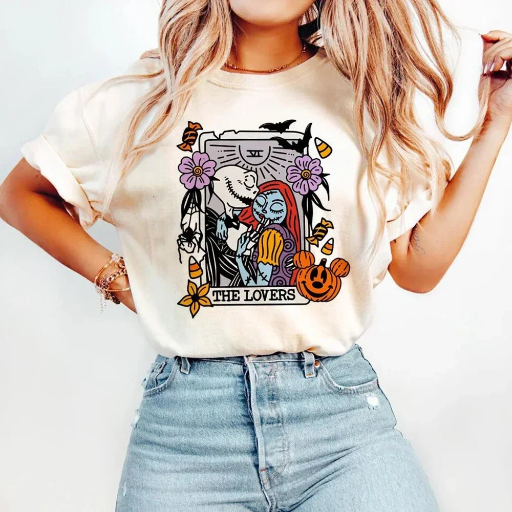 Halloween Tarot Print Cartoon T-Shirt Casual O-Neck Top for Fun and Versatile Style