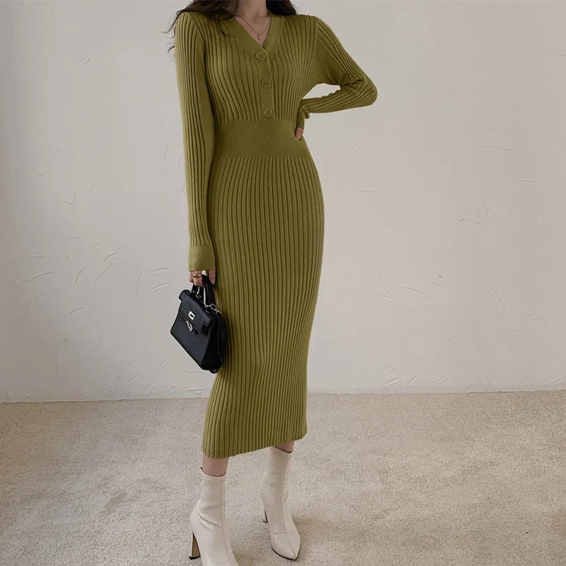 Knit Sweater Dress For Women V Neck Maxi With Buttons
