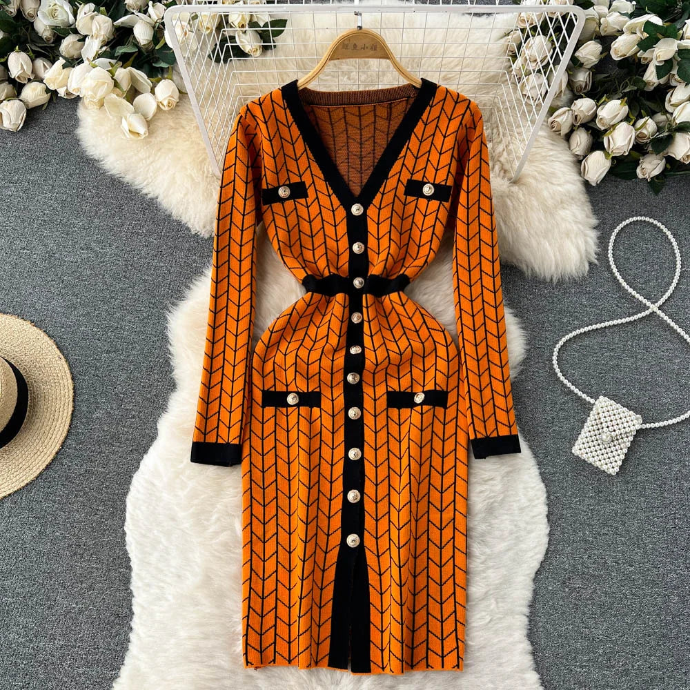Autumn Plaid Knit Dress Women V Neck Elastic Waist Midi