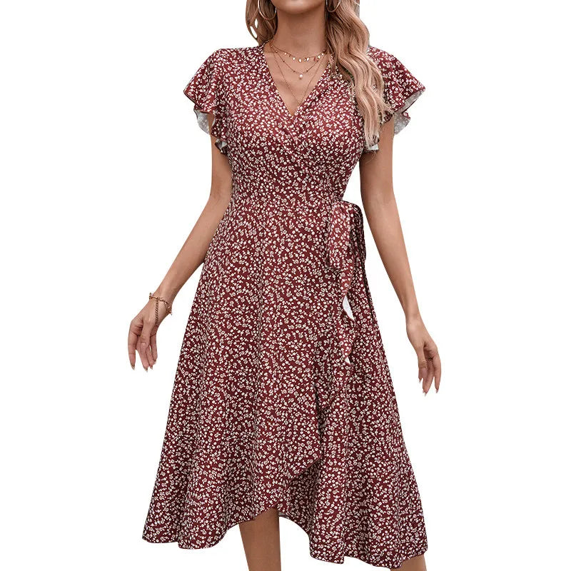 Floral Print Boho Maxi Dress Wrap V Neck Ruffle Beach Summer