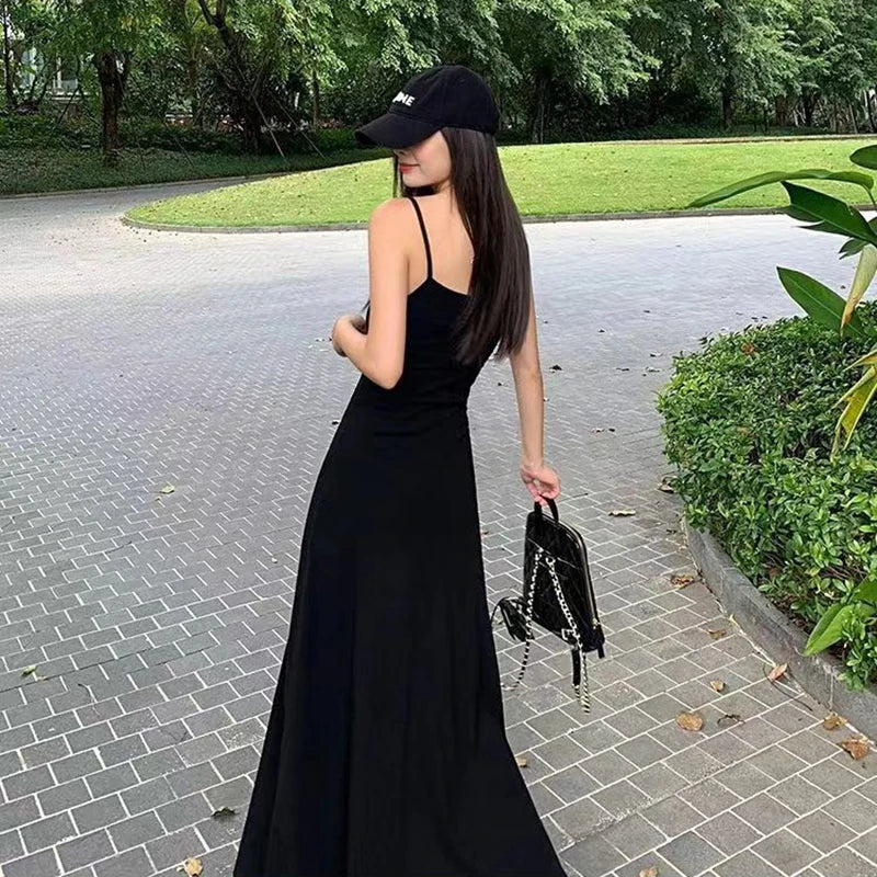 Black Backless Spaghetti Strap Dress Women Elegant Slim