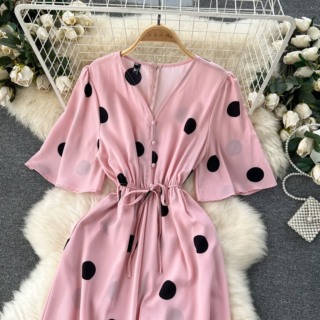 Women Wide Leg Polka Dot Jumpsuit with V Neck Dolman Sleeves and Slim Waist Design