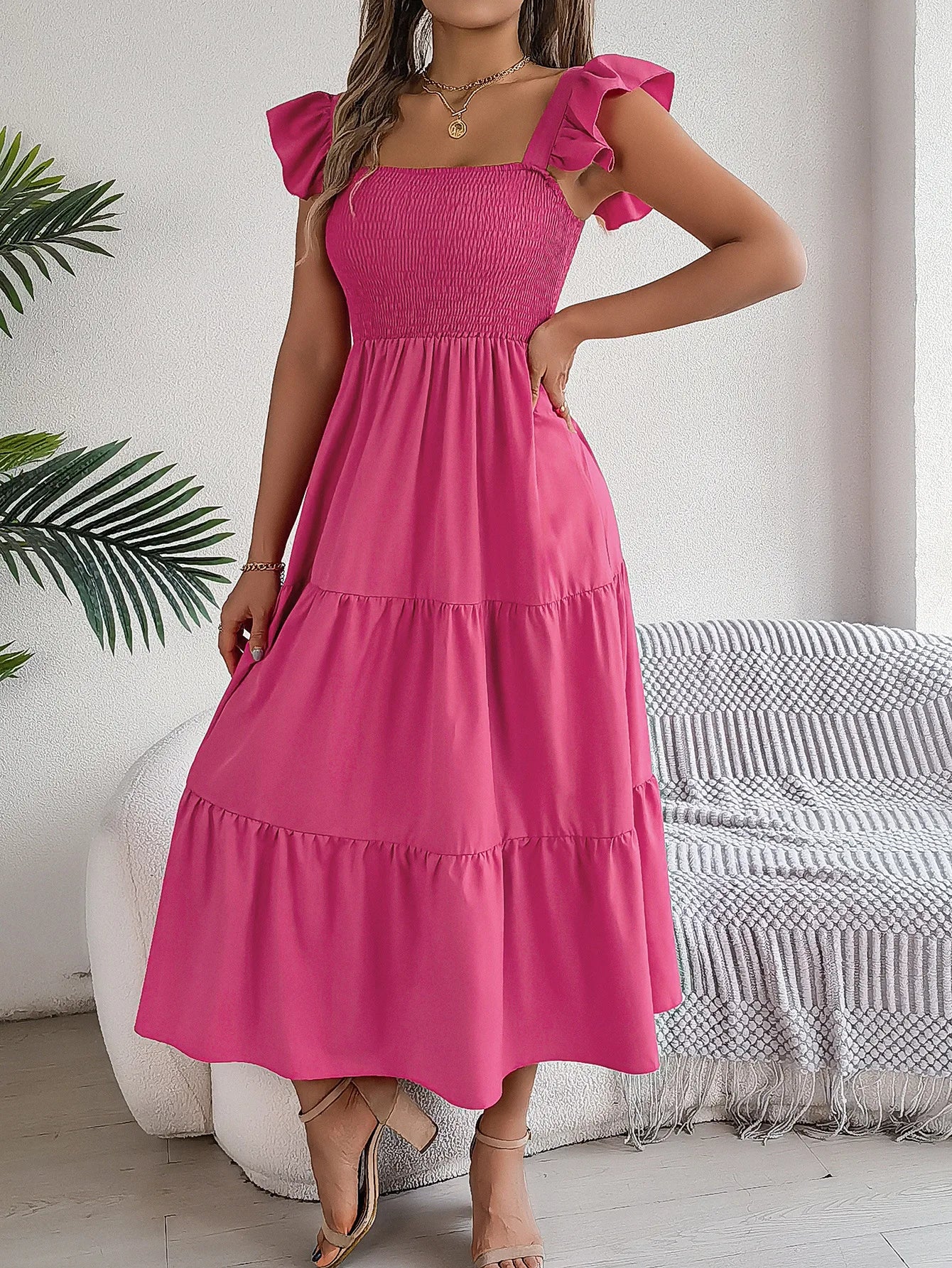 Square Neck Maxi Dress for Women Solid Summer Color