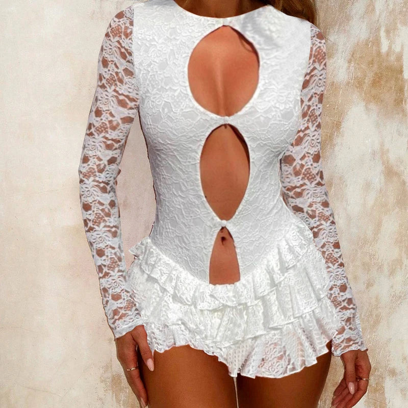 Pearl Decorated Hollow Out Lace Patchwork Mini Dress