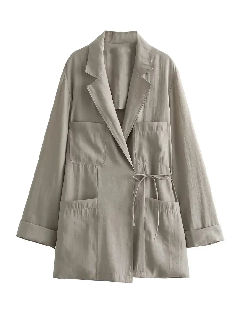 Grey Lace Up Two Piece Set for Women with Pockets and Vintage Drawstring Trousers