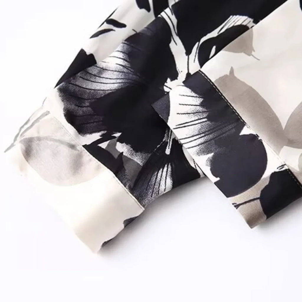 Women's Satin Textured Printed Shirt Long Sleeve Lapel Single-Breasted Slim Fit Casual Chic Top for Spring and Summer