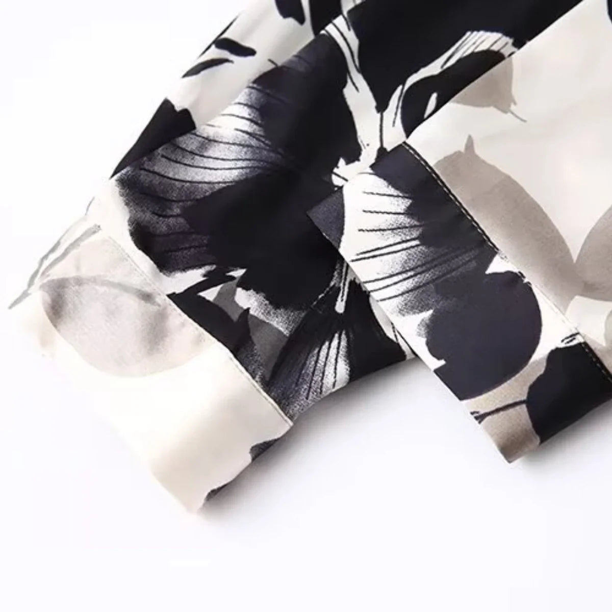 Women's Satin Textured Printed Shirt Long Sleeve Lapel Single-Breasted Slim Fit Casual Chic Top for Spring and Summer