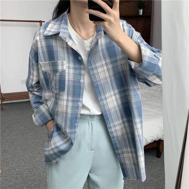 Casual Long Sleeve Plaid Blouse Mid Length Loose Fit Turn Down Collar Shirt for Women Autumn Winter Fashion Top