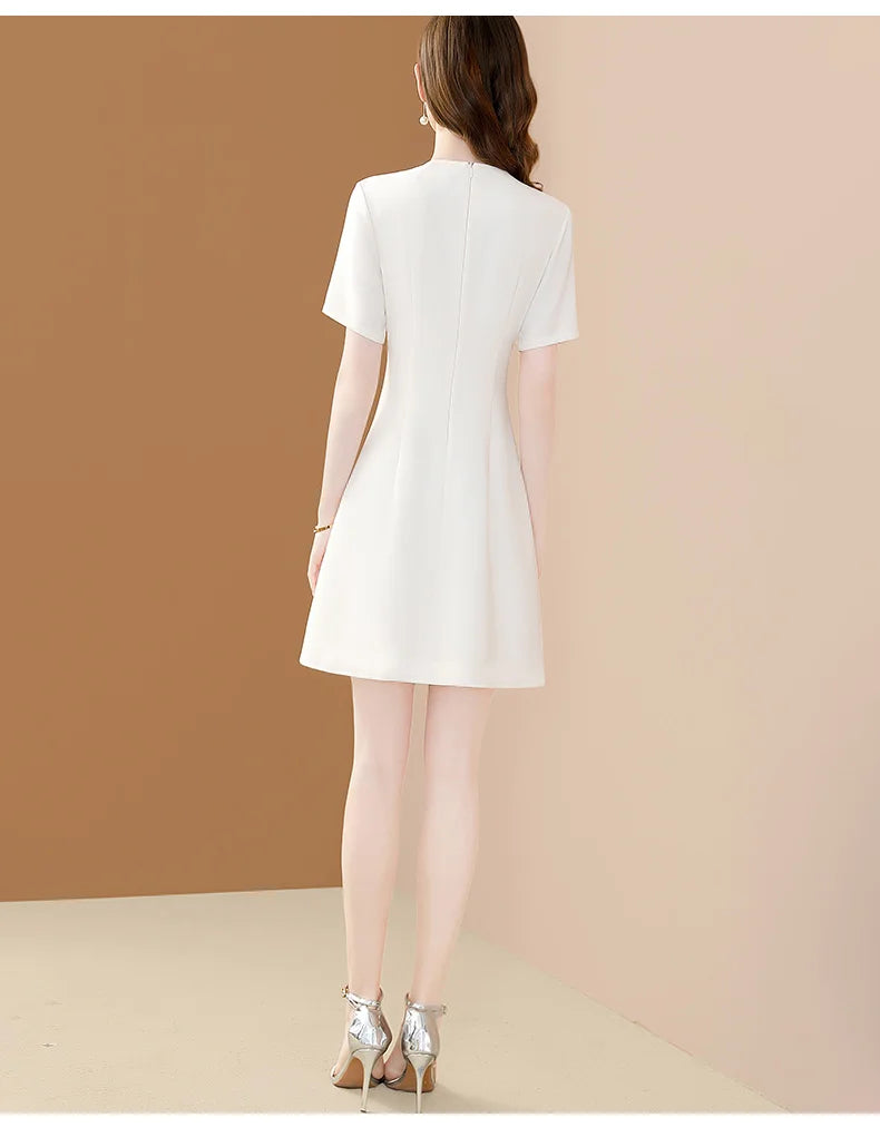 White Floral Embroidery A-Line Dress Short Sleeve Chic