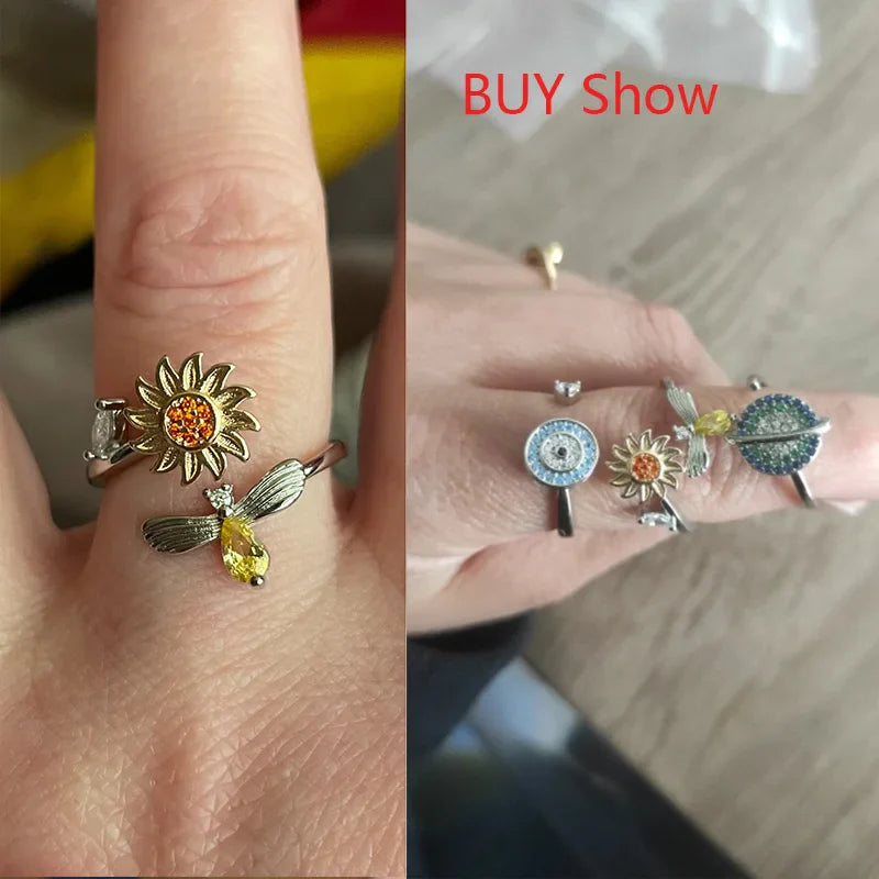 Anti Stress Fidget Rings for Women Stainless Steel Spinner Sunflower Star Ring Trendy Jewelry Gift
