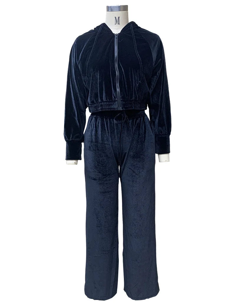 Velvet Tracksuit Women Two Piece Set with Zipper Crop Coat and Long Pants Casual Outfit