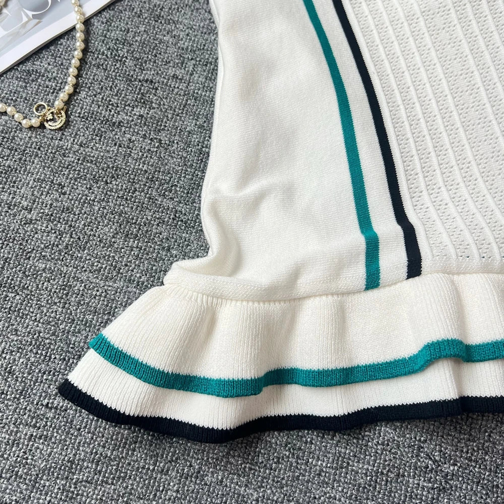 Vintage Knit Mini Dress With Turn Down Collar And Ruffles