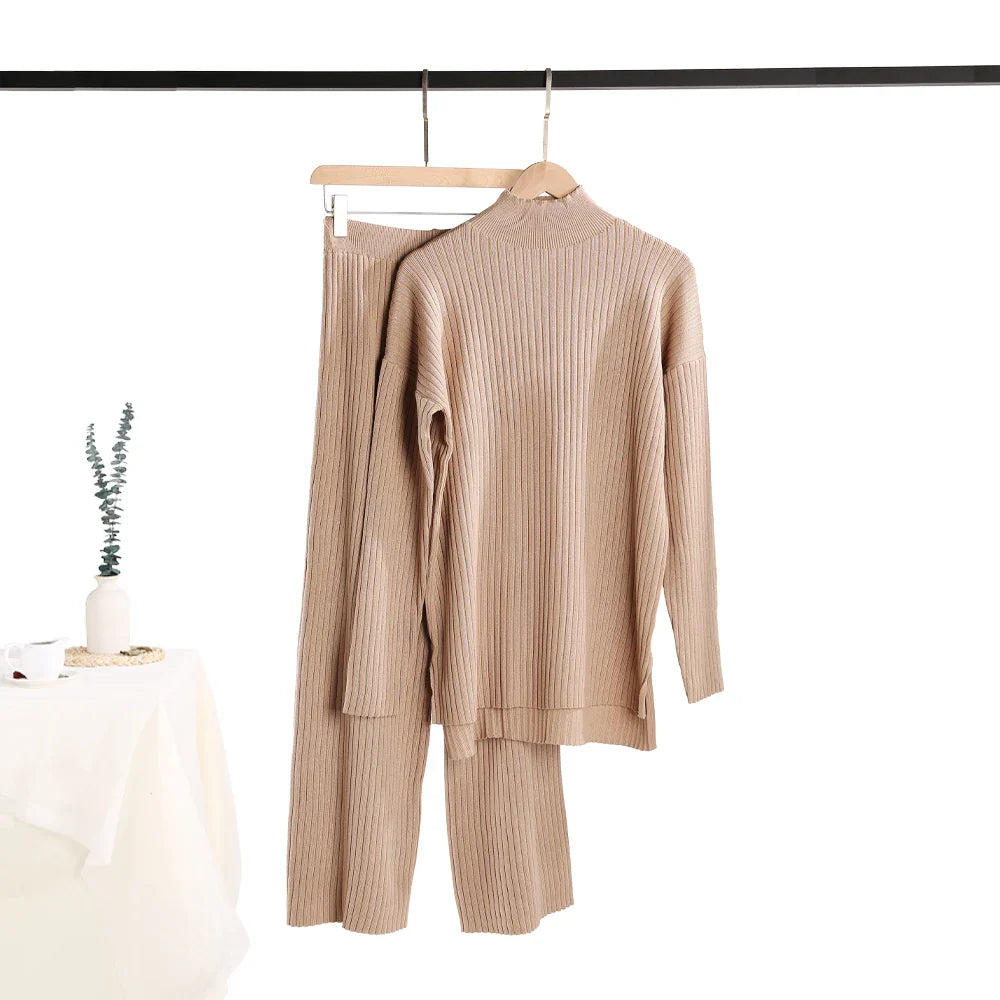 Cozy Knitted Two-Piece Women's Tracksuit Set Featuring Half Turtleneck Sweater and Wide Leg Jogger Pants for Autumn and Winter