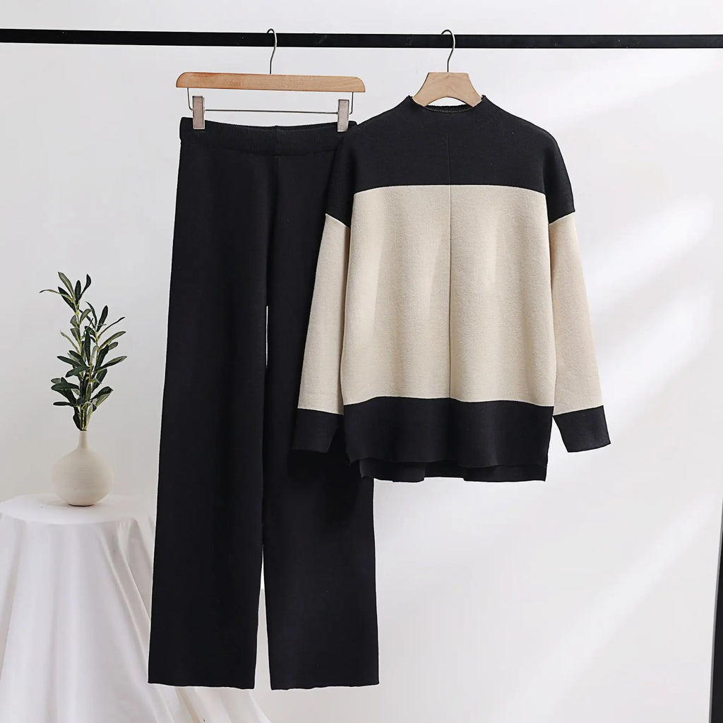 Women Casual Knitted Pullover Pant Set with Color Block Design Long Sleeve Sweater Suit for Autumn and Winter