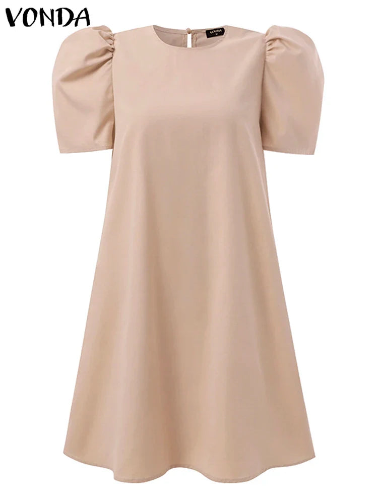 Summer Women Sundress Mini Pleated Puff Sleeve Dress