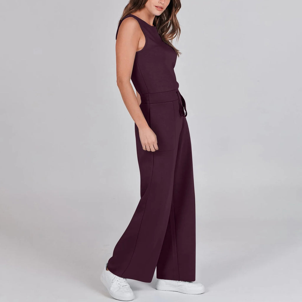 Women's Sleeveless Solid Color Casual Jumpsuit with Drawstring Waist Pockets Straight Leg Thin Commuting Outfit