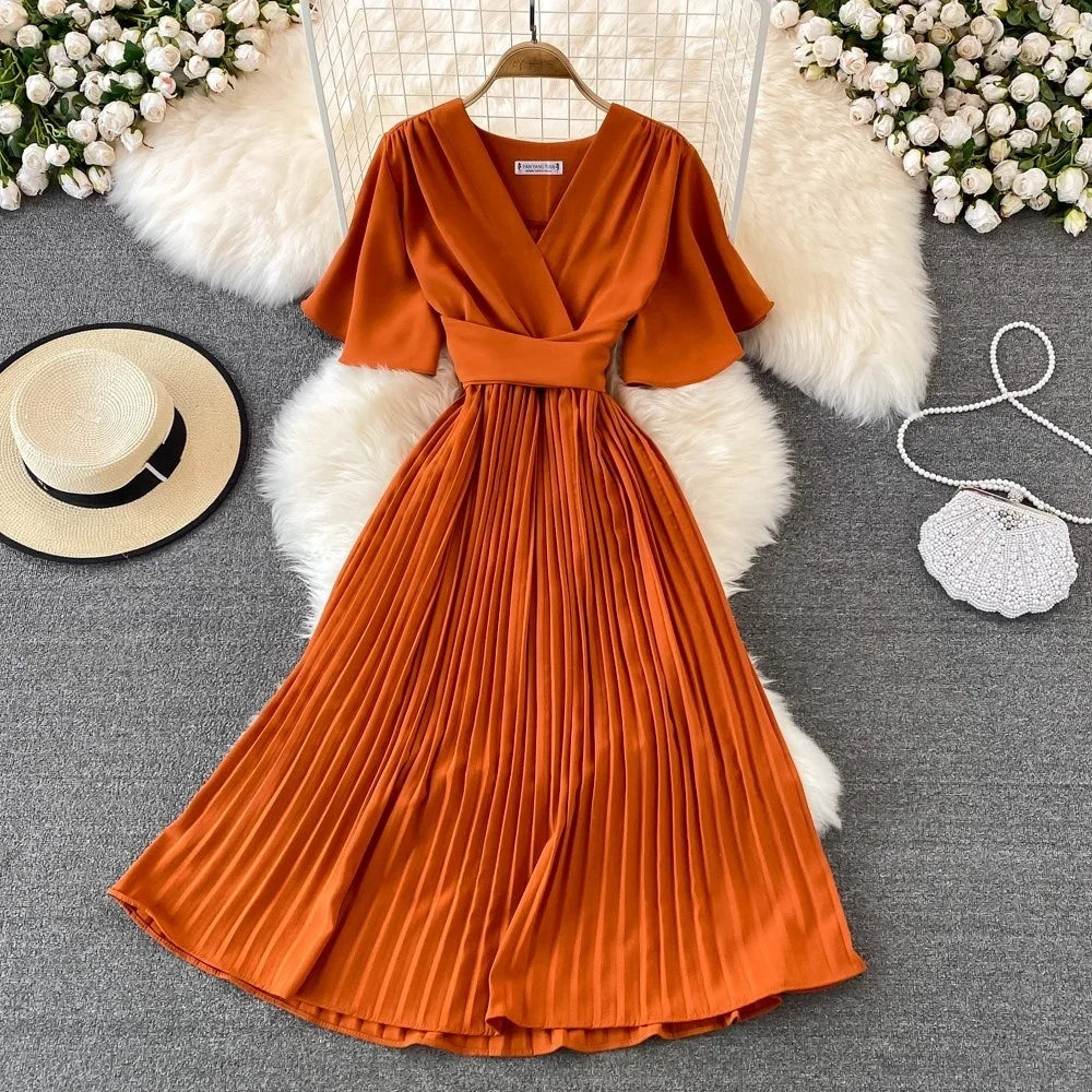 Chiffon Pleated Lace Up V Neck Dress For Women Summer