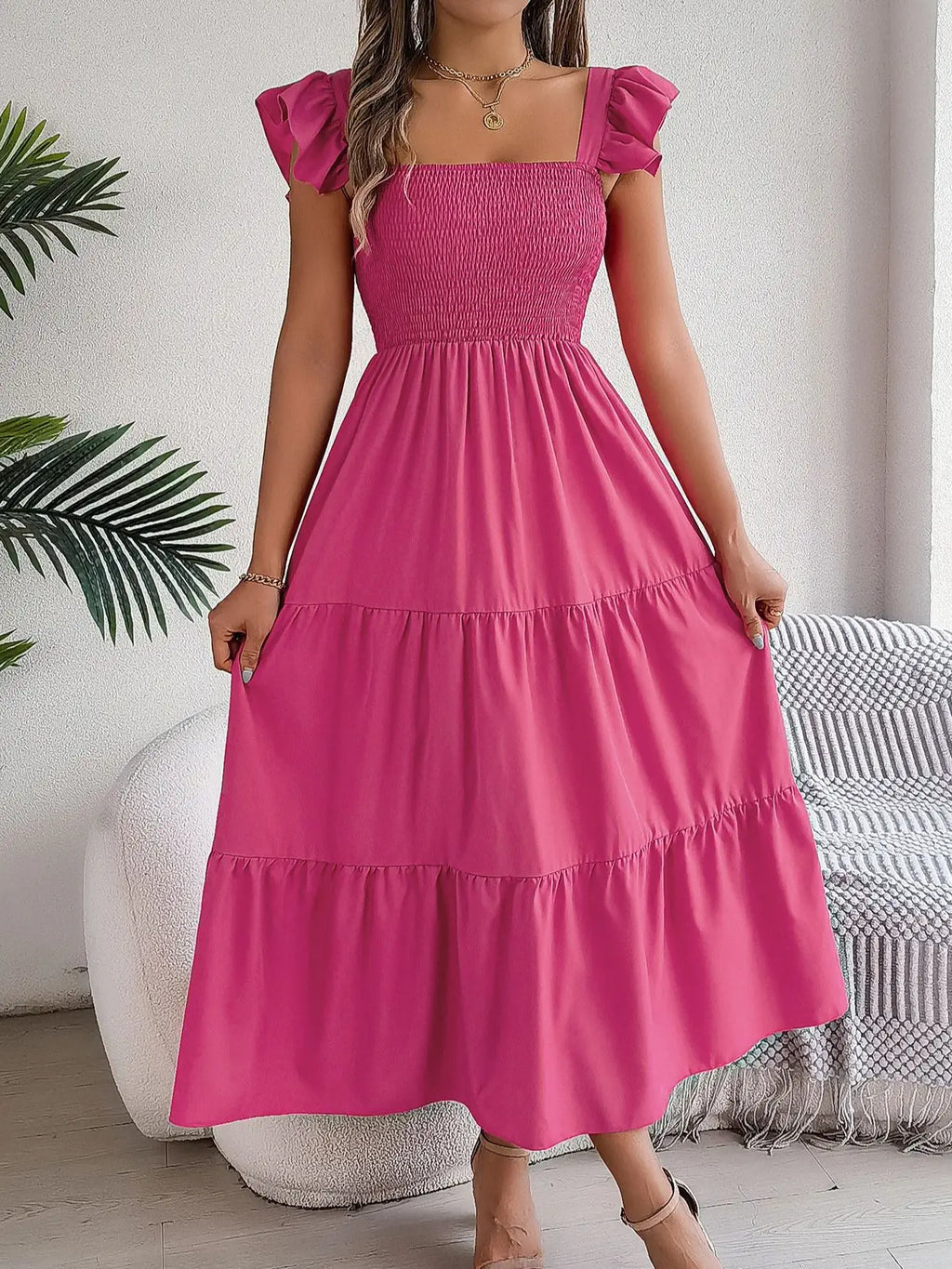 Square Neck Maxi Dress for Women Solid Summer Color