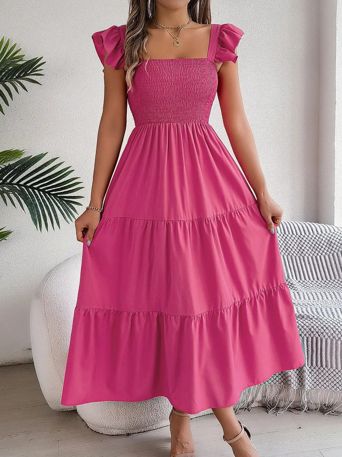 Square Neck Maxi Dress for Women Solid Summer Color