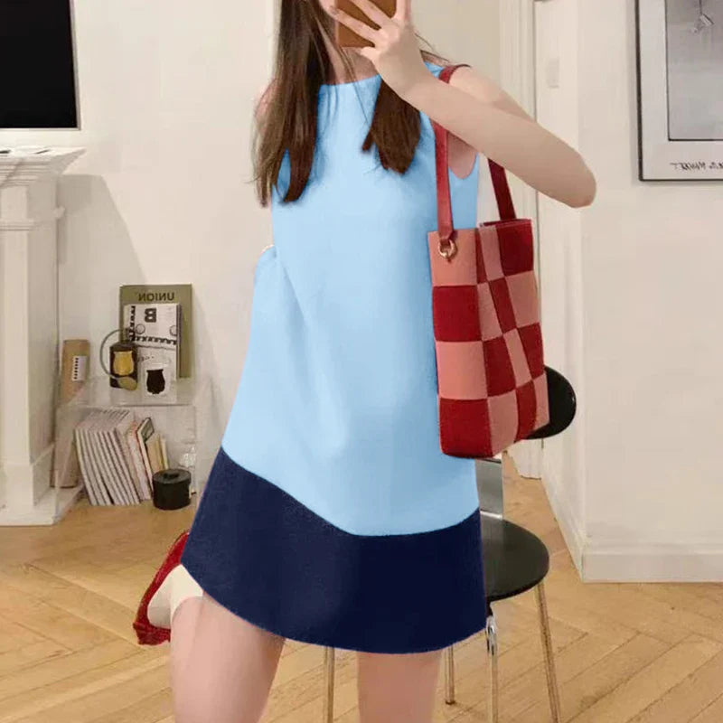 Korean Style Patchwork Sundress Sleeveless Round Neck Mini