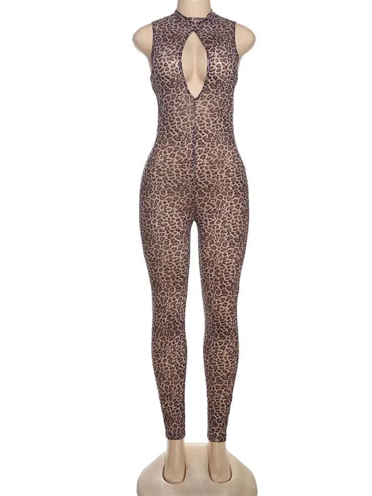 Women's See Through Leopard Print Hollow Sleeveless Jumpsuit Hipster Fit Sexy Streetwear Midnight Party Workout Overalls