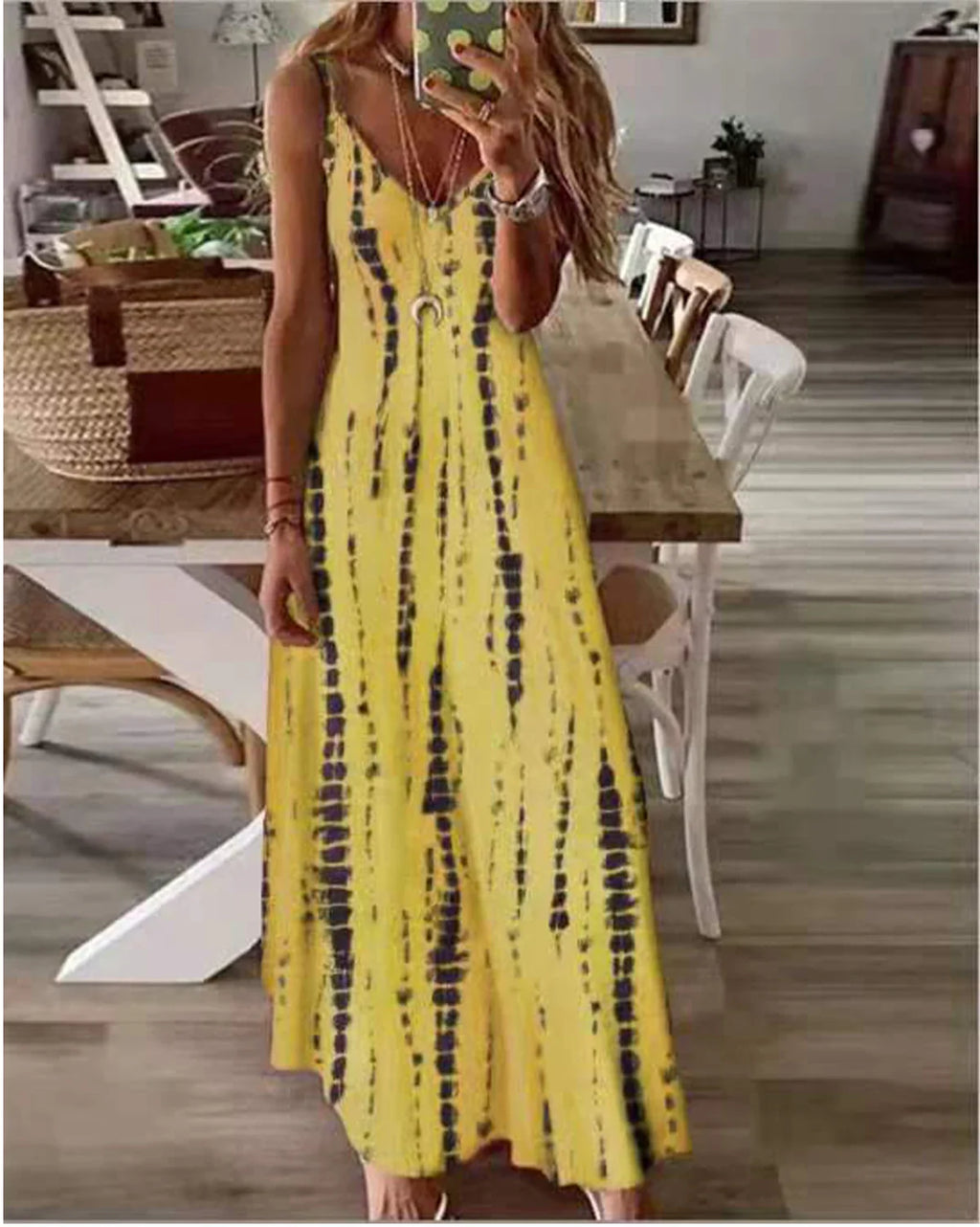 Sling Dress Tie Dye Print Flared Maxi Casual Dress